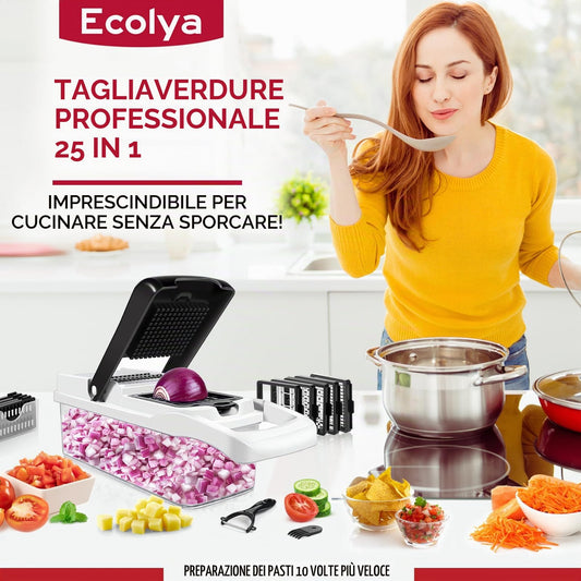 1. 25-in-1 Vegetable Chopper and Mandoline Slicer with Container, 13 Blades
